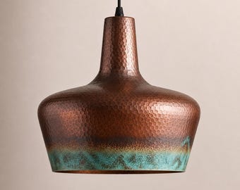 Hand-Hammered Oxidized Copper Pendant Light,t with Verdigris Patina | Rustic Indoor Hanging Lamp | Farmhouse light fixture