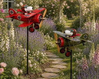 Personalized Flying of the Snoopy Biplane Metal Garden Windmill, Vintage Pilot Windmill Gift for Him, Dog Biplane Yard 2D Decoration