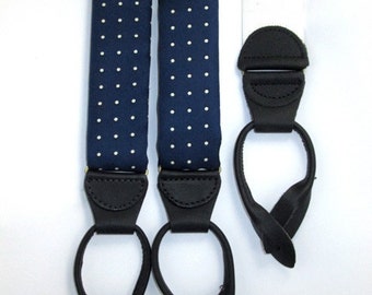 Men's SILK SUSPENDERS BRACES Churchill Classic Navy Polka Dot Galluses With Button In Leather Tabs