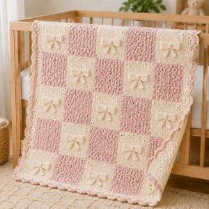 Haakpatroon voor een babydeken, Blush Bow Patchwork Afghan PDF, Gestructureerde erfgoeddeken voor de babykamer, ideaal als kraamcadeau