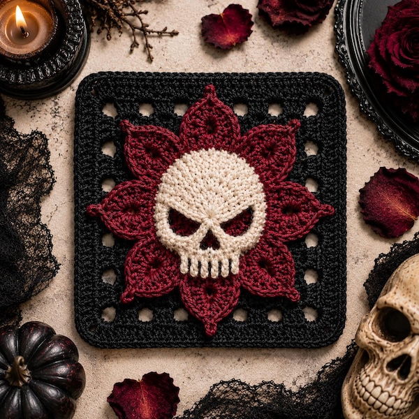 Gotische Häkelanleitung: Totenkopf & Purpurrote Blume – Oma-Quadrat für Decken, Taschen, Kissen und Halloween-Dekoration