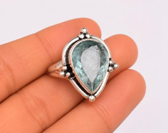 925 Sterling Silver Pear Aquamarine Ring, Vintage Boho Statement Jewelry
