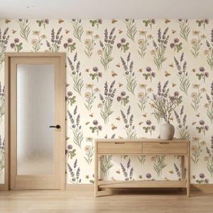 Lavender Wildflower Bee Wallpaper, Vintage Meadow Cottagecore Mural (Peel and Stick)