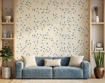 Blue Floral Watercolor Wallpaper, Botanical Peel and Stick Wall Decor, Vintage Cottagecore Mural, Boho Nursery Wall Art, Minimalist Nature