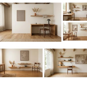 May include: A collection of interior scenes featuring light wood desks, matching wooden chairs, and wall-mounted floating shelves. The rooms include neutral-toned abstract wall art, dried pampas grass in ceramic vases, and table lamps.