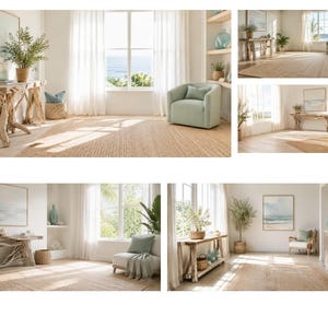 May include: A collection of interior living spaces featuring a natural fiber area rug, a driftwood console table, a light green upholstered armchair, white sheer curtains, potted greenery, and framed coastal artwork on white walls.