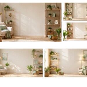 Peut inclure: Une collection de scènes d'intérieur de salon comprenant des fauteuils beiges, des étagères en bois clair remplies de plantes en pot, de livres et d'objets décoratifs, des plaids vert tendre, des lampadaires et des cadres muraux lumineux.