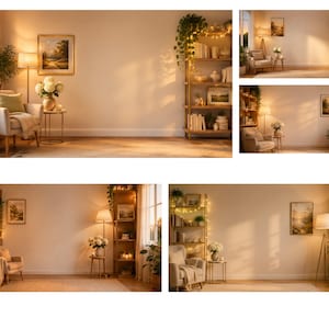 May include: A living room interior featuring a beige armchair with a throw blanket, a floor lamp, a wooden bookshelf with books and plants, a side table with a vase of white flowers, a framed landscape painting, and a window with natural light.