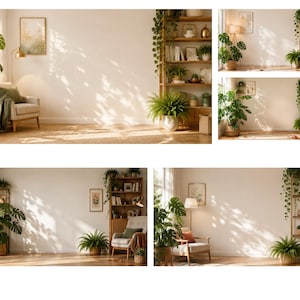 May include: A collection of interior scenes featuring a light-colored armchair, a tall wooden bookshelf filled with books and decorative items, and various potted green plants including a large monstera, all illuminated by soft natural sunlight.