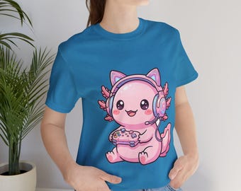 Cute Kawaii Axolotl Gamer T-Shirt | Pink Axolotl Gaming Headset Tee | Aesthetic Gamer Girl Gift | Video Game Streamer Shirt | Unisex Top