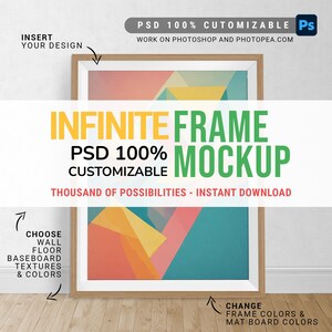 Peut inclure: Une maquette numérique d'un cadre en bois rectangulaire contenant une impression géométrique abstraite avec des formes roses, jaunes et bleu sarcelle. L'image inclut des superpositions de texte : INFINITE FRAME PSD 100% CUSTOMIZABLE.
