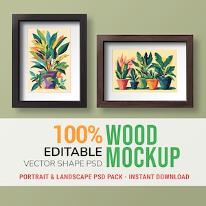 Peut inclure: Deux cadres en bois contenant des illustrations botaniques colorées de plantes en pot. Le cadre de gauche est en orientation portrait et celui de droite en paysage. Le texte indique 100% WOOD EDITABLE MOCKUP VECTOR SHAPE PSD.