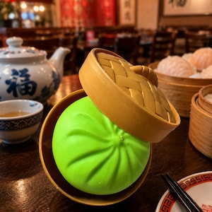 Puede incluir: Un bollo al vapor redondo de color verde brillante se encuentra dentro de una pequeña cesta de vapor de bambú circular. La tapa de la cesta de bambú está entreabierta, apoyada sobre la parte superior del bollo. El bollo tiene una textura plisada.