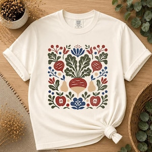 Harvest Fruit Shirt, Folk Art Garden Tee, Vintage Beet Pear Apple Top