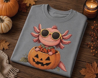 Halloween Axolotl  Comfort Colors Pumpkin Shirt, Pumpkin Axolotl Tee, Spooky Season Shirt, Fall Graphic Tee