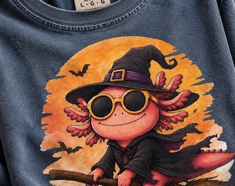 Cute Axolotl Halloween Shirt, Comfort Colors 1717 Tee, Spooky Cute Fall Shirt, Witch Axolotl Graphic Tee, Autumn Gift