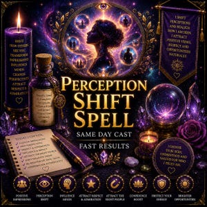 May include: A purple candle, a glass bottle with a cork, a crystal ball, a notebook with a pen, and a banner, all featuring gold text. The text includes 'PERCEPTION SHIFT SPELL', 'TODAY I CHOOSE', and various affirmations about influence, respect, and positive views.