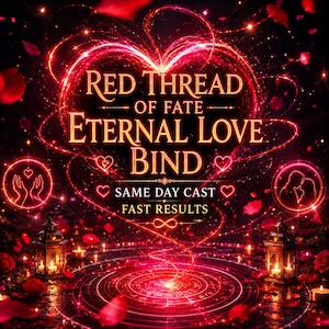May include: A digital graphic featuring a glowing red heart outline with the text RED THREAD OF FATE ETERNAL LOVE BIND, SAME DAY CAST, FAST RESULTS. The image includes two lanterns, scattered red petals, and a circular pattern on the ground.