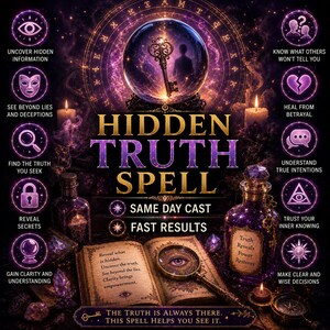 May include: A purple-themed graphic featuring a crystal ball with a key inside, an open book with a magnifying glass, and text reading HIDDEN TRUTH SPELL. Surrounding icons depict eyes, masks, hearts, and locks with labels like UNCOVER HIDDEN INFORMATION.