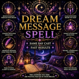 Könnte beinhalten: Eine digitale Grafik mit dem Titel DREAM MESSAGE SPELL, die eine nächtliche Szene mit einem Bett, einem offenen Buch, einer Kerze und einer Laterne zeigt. Acht kreisförmige Vignetten mit Illustrationen und Text umgeben den Titel.