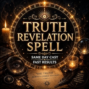 May include: A dark, mystical graphic featuring a glowing golden circle with an eye symbol at the top. Text reads: TRUTH REVELATION SPELL, SAME DAY CAST, FAST RESULTS, THE TRUTH ALWAYS COMES TO LIGHT, and HIDDEN TRUTHS CANNOT STAY HIDDEN FOREVER.