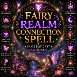 May include: A digital graphic titled FAIRY REALM CONNECTION SPELL with gold and purple text. The image features a glowing fairy, a stone bridge, purple mushrooms, and eight circular icons with symbols and text describing spiritual intentions.