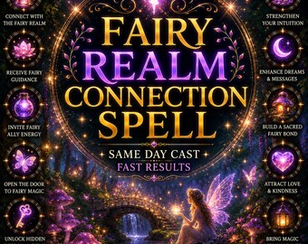 May include: A digital graphic titled FAIRY REALM CONNECTION SPELL with gold and purple text. The image features a glowing fairy, a stone bridge, purple mushrooms, and eight circular icons with symbols and text describing spiritual intentions.