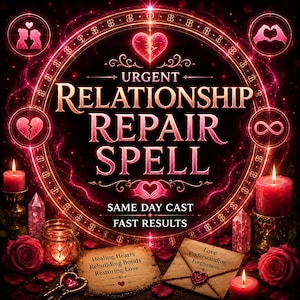 Op de afbeelding: Een digitale afbeelding met de tekst URGENT RELATIONSHIP REPAIR SPELL, SAME DAY CAST, FAST RESULTS, HEALING HEARTS REBUILDING BONDS RESTORING LOVE, en LOVE UNDERSTANDING FORGIVENESS, omringd door rode kaarsen, rozen, kristallen en harten.