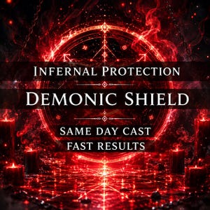 Puede incluir: Un sello circular rojo brillante con patrones geométricos intrincados y humo, rodeado de velas negras. El texto dice: INFERNAL PROTECTION, DEMONIC SHIELD, SAME DAY CAST, FAST RESULTS. La escena es oscura con una intensa luz roja que emana del centro.
