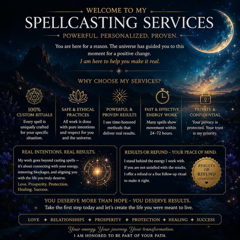 May include: A dark blue, celestial-themed informational graphic titled WELCOME TO MY SPELLCASTING SERVICES. It features a crescent moon, starry sky, and gold text detailing ritual services, energy work, and a results or refund guarantee policy.