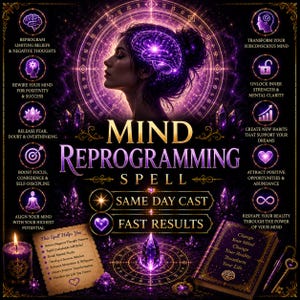 May include: A digital graphic titled Mind Reprogramming Spell featuring a profile of a person, a glowing brain, purple crystals, and a list of benefits including reprogramming limiting beliefs, unlocking strength, and creating new habits.