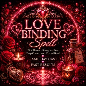 May include: A digital graphic featuring the text LOVE BINDING Spell, Bind Hearts, Strengthen Love, Deep Connection, Eternal Bond, SAME DAY CAST, FAST RESULTS. The design includes red roses, glowing hearts, candles, and a glass bottle with a tag.