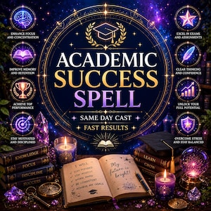 May include: A digital graphic titled ACADEMIC SUCCESS SPELL featuring a graduation cap icon, surrounded by eight circular icons with text, a stack of books labeled KNOWLEDGE, FOCUS, DISCIPLINE, SUCCESS, an open book with handwritten goals, and candles.