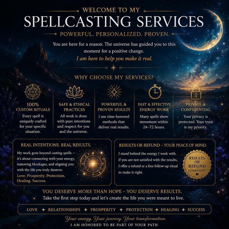 May include: A dark blue, celestial-themed informational graphic titled WELCOME TO MY SPELLCASTING SERVICES. It features a crescent moon, starry sky, and gold text detailing ritual services, energy work, and a results or refund guarantee policy.