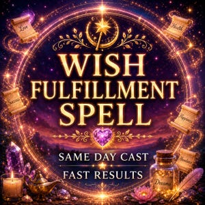 Puede incluir: Un gráfico digital con el texto WISH FULFILLMENT SPELL, SAME DAY CAST, FAST RESULTS. El diseño incluye una varita con una estrella, un corazón morado y pergaminos brillantes etiquetados como Love, Health, Success, Happiness, Abundance y Dreams.