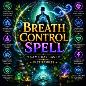 Puede incluir: Un gráfico digital titulado BREATH CONTROL SPELL con la silueta central de un torso humano mostrando pulmones brillantes. La imagen presenta texto, flores de loto, piedras apiladas, velas e iconos brillantes sobre bienestar.