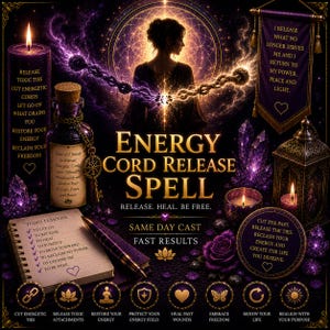 May include: A purple-themed graphic featuring a silhouette of a person, a lit candle, a glass bottle, a notebook with a checklist, and crystals. Text includes 'ENERGY CORD RELEASE SPELL', 'RELEASE. HEAL. BE FREE.', 'SAME DAY CAST', and 'FAST RESULTS'.