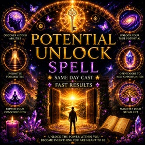 Può includere: Un grafico digitale intitolato POTENTIAL UNLOCK SPELL con una chiave dorata centrale, una persona davanti a un portale in pietra aperto, cristalli viola, una candela accesa e un libro aperto. Il testo include DISCOVER HIDDEN ABILITIES, UNLOCK YOUR TRUE POTENTIAL, UNLIMITED POSSIBILITIES, OPEN DOORS TO NEW OPPORTUNITIES, EXPAND YOUR CONSCIOUSNESS, MANIFEST YOUR DREAM LIFE, SAME DAY CAST, FAST RESULTS e UNLOCK THE POWER WITHIN YOU.