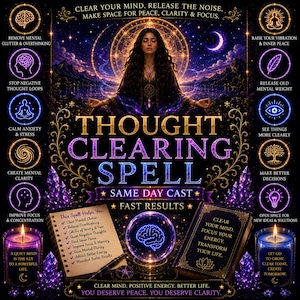 Könnte beinhalten: Eine digitale Grafik mit dem Titel Thought Clearing Spell, die eine meditierende Person unter einer Mondsichel zeigt. Das Bild enthält eine Liste von Vorteilen, eine Kristallkugel mit Gehirnsymbol, ein Buch und zwei violette Kerzen.
