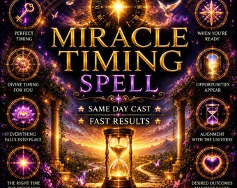May include: A digital graphic featuring the text "MIRACLE TIMING SPELL" with a central hourglass, a clock face, and surrounding circular icons depicting a key, lotus, heart, and hourglass. The scene includes golden pillars, white doves, and purple flowers.
