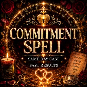 以下が含まれることがあります： COMMITMENT SPELL、SAME DAY CAST、FAST RESULTS、True Love Loyalty Devotion Together Alwaysというテキストが記されたデジタルグラフィック。輝く黄金のハート、灯ったキャンドル、鍵、赤いバラが暗い背景に配置されたデザイン。
