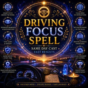 Pode incluir: Um gráfico digital intitulado DRIVING FOCUS SPELL com um ícone de volante, texto brilhante em azul e dourado, e dez ícones circulares com símbolos e texto como SHARP FOCUS BEHIND THE WHEEL, CLEAR MIND e SAFER DRIVES EVERY TIME.