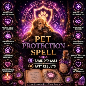 May include: A digital graphic titled PET PROTECTION SPELL featuring a golden dog and a tabby cat, an open book with text, a purple potion bottle, crystals, and a candle. The image includes glowing icons and text about pet safety and protection.