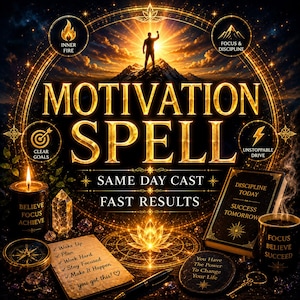 Könnte beinhalten: Eine digitale Grafik mit dem Text MOTIVATION SPELL, SAME DAY CAST, FAST RESULTS. Sie enthält eine Silhouette auf einem Berg, eine Kerze mit BELIEVE FOCUS ACHIEVE, eine Checkliste, ein Buch mit dem Titel DISCIPLINE TODAY SUCCESS TOMORROW und einen Becher.