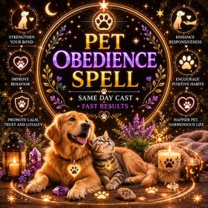 May include: A golden retriever and a tabby cat sit together in a magical setting with a glowing circle containing the text PET OBEDIENCE SPELL, SAME DAY CAST, FAST RESULTS, surrounded by icons and text about strengthening bonds and behavior.