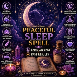Könnte beinhalten: Eine digitale Grafik mit dem Titel Peaceful Sleep Spell, die eine Mondsichel, ein menschliches Profil, ein offenes Buch mit Text, eine Glasflasche mit der Aufschrift Rest & Peace, violette Kristalle und Kerzen sowie Icons zeigt.