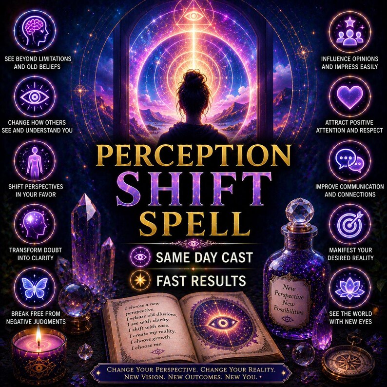 May include: A digital graphic titled PERCEPTION SHIFT SPELL featuring a silhouette of a person before a glowing portal, an open book with text, a purple potion bottle labeled New Perspective New Possibilities, crystals, and a candle with eye icons.