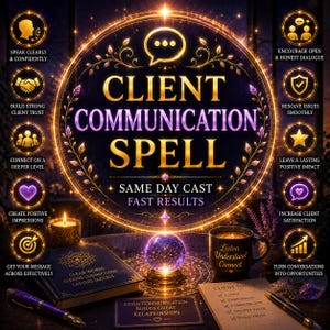 Può includere: Un grafico con il testo CLIENT COMMUNICATION SPELL, SAME DAY CAST, FAST RESULTS, circondato da icone circolari dorate con testo come SPEAK CLEARLY & CONFIDENTLY, una sfera di cristallo, un libro, una tazza e una lista di controllo.