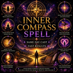 May include: A digital graphic titled INNER COMPASS SPELL featuring a central compass rose, a person standing on a path, and eight circular vignettes depicting scenes like a meditator, a quill on a book, and a mountain peak, all set against a purple starry sky.