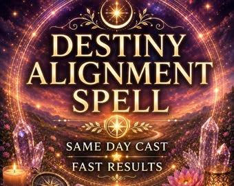 Könnte beinhalten: Eine digitale Grafik mit dem Text DESTINY ALIGNMENT SPELL, SAME DAY CAST, FAST RESULTS. Das Design zeigt einen leuchtenden goldenen Kompass, klare Quarzkristalle, rosa Lotusblüten und zwei brennende Kerzen vor einem violetten Abendhimmel.